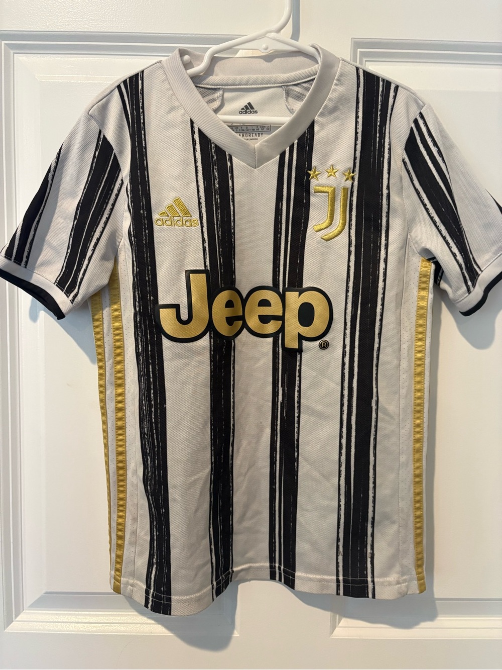 adidas Kids Juventus Stripe Soccer Jersey — White, Black & Gold